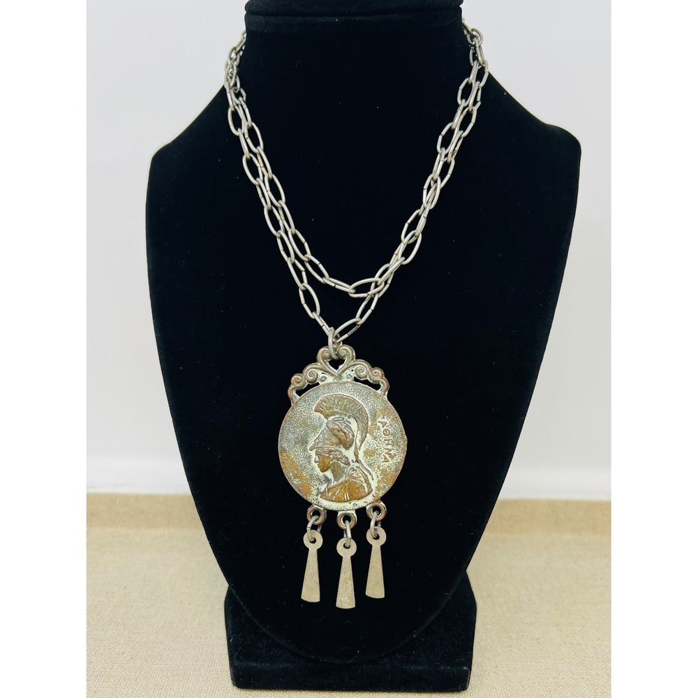 Vintage Greek Athena Parthenon Medallion Necklace Brutalist Silver Bronze Tone